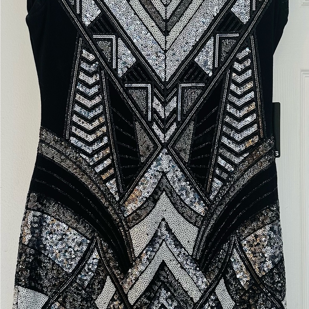 Express Black and Silver Geometric Sequin Mini Dress